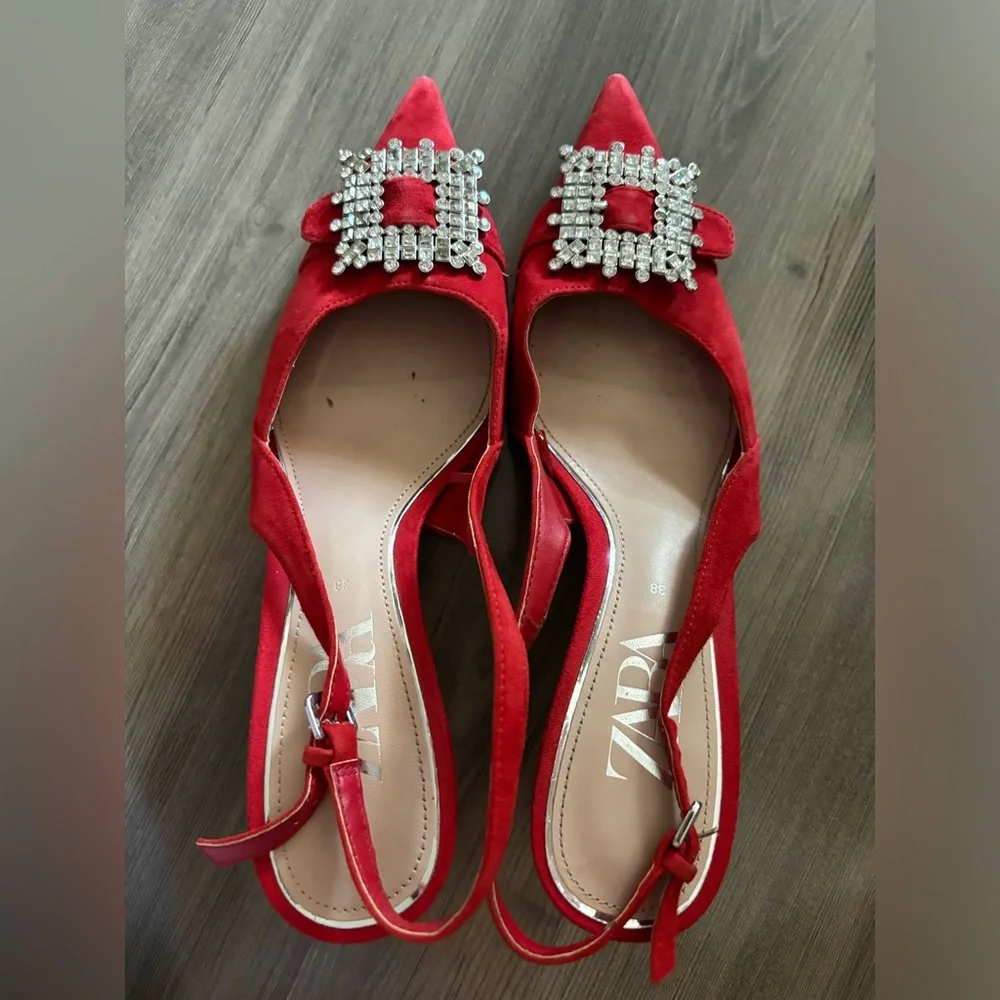 WORN TWICE - ZARA RED SPARKLE KITTEN HEEL - Picture 10 of 11